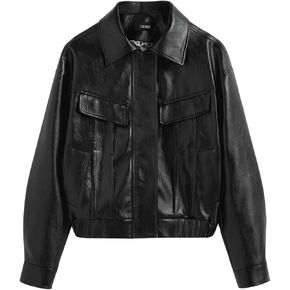 CIDER Faux Leather Collar Soild Pocket Jacket