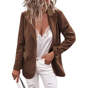 Women Corduroy Blazer Jackets Casual Boyfriend Open Front Business Work Office Pactchwork PU Leather Outfit Coat