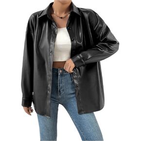 MakeMeChic Women's Faux Leather Shacket Jacket Long Sleeve Button Down Collar Biker Coat