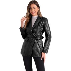 Allegra K Women's Faux Leather Blazer Jackets Button Down Notched Lapel Tie Waist Blazer Coat with Pockets