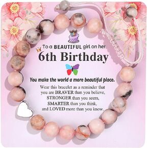 6th/7th/8th/9th/10th/11th/12th/13th Girls Birthday Bracelet, Pink Zebra Natural Stone Heart Pendant Bracelet Birthday Bracelet Gift for Girls Granddaughter