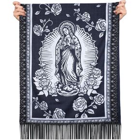 Virgen de Guadalupe Women Shawls Scarf Blanket Table Runner, Warm Soft Floral Virgin Mary Catholic Evening Dresses Prayer Gifts for Mom Grandma Christian(Navy Blue)