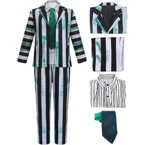 Horror Comedy Costume Black and Off White Striped Suit with Green Spots Halloween Costumes Horror Movie Cosplay Set