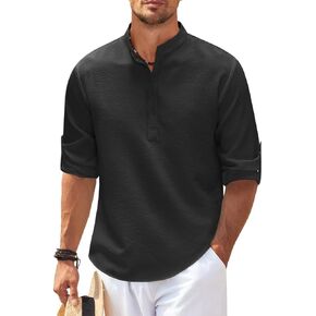 Men's Casual Long Sleeve Henley Shirt Band Collar Beach Hippie Striped Stylish Shirts