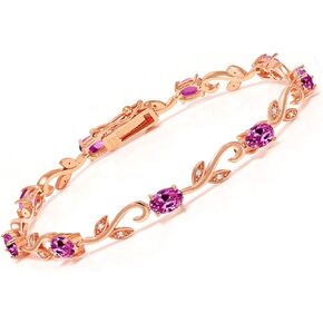 Gem Stone King 4.63 Cttw 18K Rose Gold Plated Silver Pink Created Sapphire and White Diamond Tennis Bracelet For Women | Oval 6X4MM | Gemstone Birthstone | 7 Inch