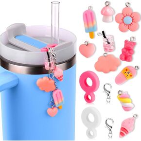 BABORUI 4Pcs Straw Toppers for Stanley Cup, Non-Slip Silicone Straw Charm Adapters Blank for Stanley Decorations, DIY Dangle Charm for Stanley Cup Pink Accessories 14oz 20oz 30oz 40oz