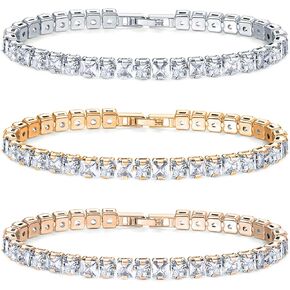 Savlano 3 Pack White, Yellow, Rose 14K Gold Plated Cubic Zirconia Princess Cut 3MM Classic Tennis 7.5 in Bracelet For Women