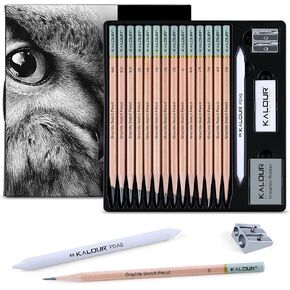 KALOUR 18-Piece Professional Sketch Pencil Set - Includes 5H to 14B Pencils, Vinyl Eraser, Kneaded Eraser,Sharpener and Paper Blending Stump - Ideal for Artists and Beginners