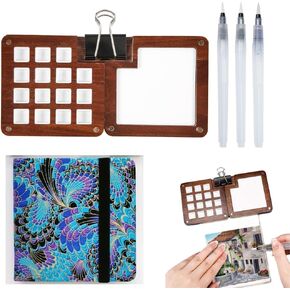 Travel Sketchbook Palette Set 15 Grids Mini Wood Paint Palette Paint Saver with 4.7 x 4.7 inches Watercolor Journal 300GSM 24 Sheets Cold Press Paper for Watercolor Acrylic Painting