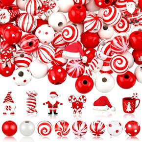 200 Pcs Christmas Wood Beads Santa Claus Winter Red and White Wooden Beads Candy Cane Round Loose Spacer Farmhouse Craft Beads for DIY Bracelet Necklace Earring Jewelry Making Home Decor