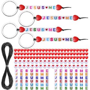 Ferreve 36 Sets Jesus Loves Me Beads Key Chain Crafts Kit for Kids Religious DIY Keychain Bulk Inspirational Letter Heart Shape Beads Key Ring for Jewelry Making VBS Week Sunday School Christian Gifts