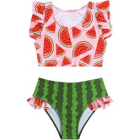 WDIRARA Toddler Girl's 2 Piece Set Watermelon Print Ruffle Trim Swimwear High Neck Bikini Swimsuit