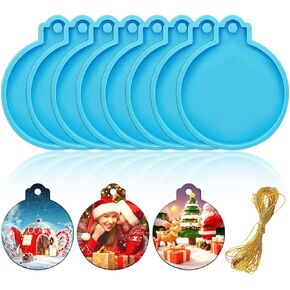 FEBSNOW 4PCS Christmas Ornaments Resin Molds Round Silicone Resin Ornaments Molds with Strings Epoxy Pendant Casting Molds Resin Molds Silicone for DIY Crafts Making Holiday Xmas Home Decor, Blue