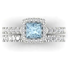 Clara Pucci 1.57ct Princess Cut Halo Solitaire with Accent Aquamarine Blue Zircon Statement Bridal Wedding Ring Band Set 14k White Gold