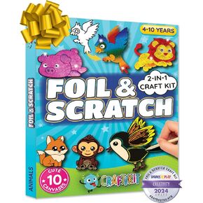 Craftikit ® Rainbow Adventure Foil Art & Scratch Art for Kids- 2-in-1 Arts and Crafts Kit for Kids Ages 4-10 - Rainbow Crafts for Boys Ages 4, 5, 6, 7, 8, 9, 10