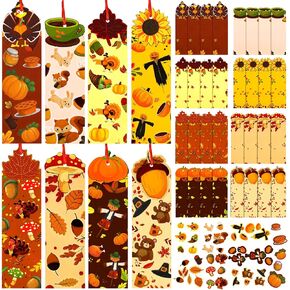 Spiareal 24 Sets Fall Decor Autumn DIY Bookmarks for Kids Thanksgiving Fall Craft Kits Paper Blank Bookmarks Art Set with Maple Leaves Turkey Acorn Mushroom Sunflower Pumpkins Stickers for Art Kit