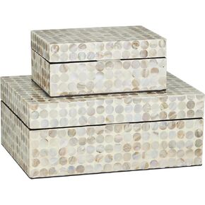 Deco 79 Mother of Pearl Shell Geometric Handmade Decorative Box Decorative Keepsake Boxes with Hinged Lid, Set of 2 Storage Boxes 12", 8"W, Cream