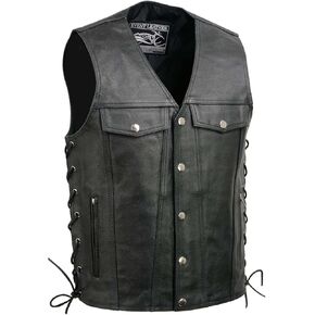 EL5360 Black Motorcycle Leather Vest with Denim Style Pockets -Riding Club Adult Vests