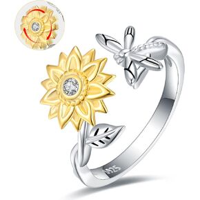 Silver Spinner Daisy Bee Ring - 925 Sterling Silver Adjustable Fidget Anxiety Bumble Bee / Dragonfly with Flower Jewelry Ring for Women, You Are My Sunshine Sunflower Dragonfly / Bee Fidget Rings Gifts