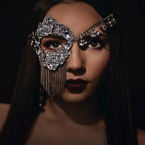 STONEFANS Rhinestone Masquerade Mask Full Face Jewelry for Women Mardi Gras Mask Crystal Face Chain Jewelry