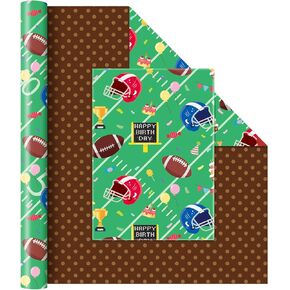 WERNNSAI Football Reversible Wrapping Paper Roll - 1 Roll 17" x 33 ft Happy Birthday Wrapping Paper Jumbo Roll Football Birthday Gift Wrap Roll Kids Wrapping Paper Polka Dot Design Bday Party Favor