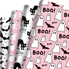 Bolsome 12 Sheets Halloween Wrapping Paper Pink Black Ghost Cat Bat Boo Pattern Gift Wrap Paper for Baby Shower Halloween Party DIY Craft, 19.7 x 27.6 Inch, Folded Flat, 4 Designs