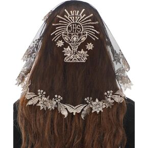 Bozidol Women Girls First Holy Communion JHS Chalice Embroidery Lace Mantilla Chapel Veils for Church Catholic Head Coverings