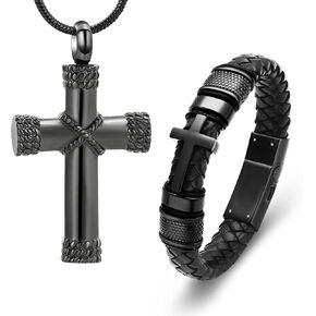 Minicremation 2Pcs Cross Urn Bracelet & Necklace for Ashes Genuine Leather for Women Men Rope Winding Cross Keepsake Memorial Jewelry