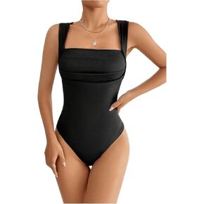 SOLY HUX Women's Sexy Square Neck Bodysuit Sleeveless Tummy Control Fitted Leotard Tank Tops