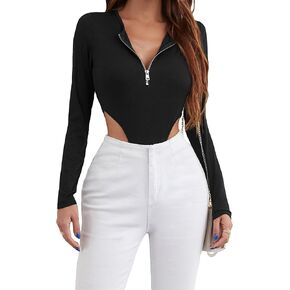 WDIRARA Women's Cut Out Round Neck Long Sleeve Bodysuit Zip Front Slim Fit Party Club Tee