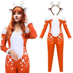 Ramede Halloween Deer Costume Women Sexy Deer Bodysuit Costume Reindeer Costume Accessories Fawn Costume Reindeer Outfit with Ear Headband Costume for Adult Halloween Cosplay Party Supplies