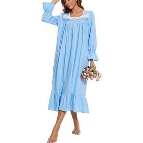 AVIIER 100% Cotton Nightgowns for Women Long Sleeve House Dress Ladies Sleepwear with Pockets