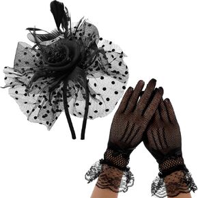 WLLHYF 2 Pcs Fascinators Hat for Women Headband Tea Party with Lace Glove 50s Vintage Hat Wedding Feather Veil Hair Clip