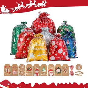 Senteria Christmas Gift Bags-42Pcs Drawstring Gift Bags Xmas Christmas Bags with Drawstring for Wrapping Christmas Gifts Presents with Ribbon Ties and Christmas Tags(Large Medium Small Size)