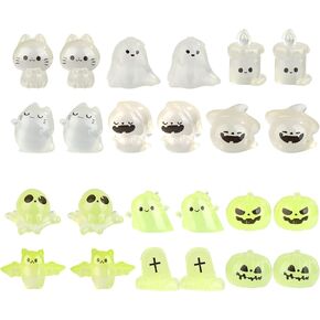 24pcs Halloween Tiny Resin Figures Decorations Glow in The Dark, Resin Miniature Ghost Charms Mini Axolotl Animals Ornaments Small Ghost Decor for Garden Halloween Party Supply