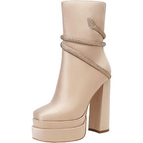 vivianly Women's Platform Mid Calf Boots Square Toe Chunky Heel Ankle Boots with Side Zipper Stretch Short Go Go Boot