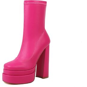 vivianly Women's Platform Mid Calf Boots Square Toe Chunky Heel Ankle Boots with Side Zipper Stretch Short Go Go Boot in Kuwait
