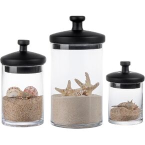 MyGift 6 Piece Clear Glass Apothecary Jar Set with Matte Black Lids, Decorative Kitchen and Bathroom Storage Canisters, Wedding Centerpiece Jars, Candy Buffet Containers
