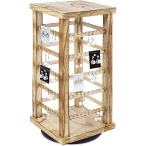 Ikee Design Natural Wood Hexagon 6 sided Rotating Jewelry Display Stand Tower,60 Removable Metal Hooks,Earring Display Stand Tower, Ideal for Selling, Showcase, Oak Color