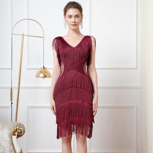 Flapper Dresses,1920s Dresses for Women, Gatsby Party Costume, Womens Cocktail Dresses, Sexy V-Neck Tassel Fun Dress in Saudi Arabia
