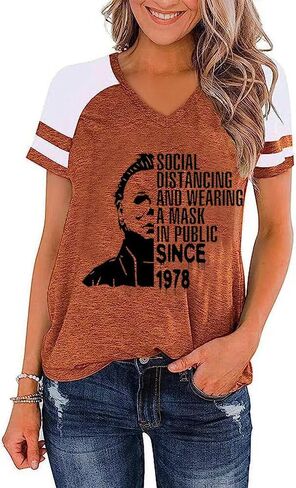 Earlymemb Womens Halloween V Neck Shirt Funny Pumpkin Printed T Shirt Hocus Pocus Graphic Tee Fall Raglan Color Block Tops in Saudi Arabia