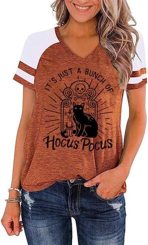 Earlymemb Womens Halloween V Neck Shirt Funny Pumpkin Printed T Shirt Hocus Pocus Graphic Tee Fall Raglan Color Block Tops in Saudi Arabia