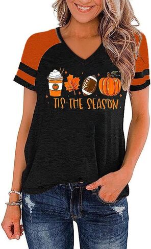 Earlymemb Womens Halloween V Neck Shirt Funny Pumpkin Printed T Shirt Hocus Pocus Graphic Tee Fall Raglan Color Block Tops in Saudi Arabia