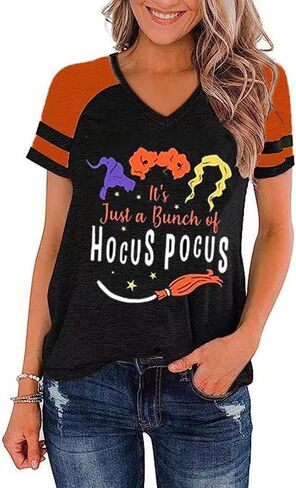 Earlymemb Womens Halloween V Neck Shirt Funny Pumpkin Printed T Shirt Hocus Pocus Graphic Tee Fall Raglan Color Block Tops in Saudi Arabia
