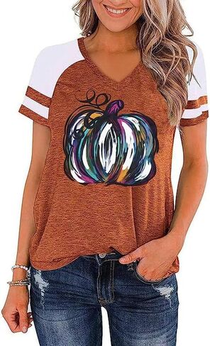 Earlymemb Womens Halloween V Neck Shirt Funny Pumpkin Printed T Shirt Hocus Pocus Graphic Tee Fall Raglan Color Block Tops in Saudi Arabia