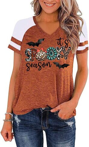 Earlymemb Womens Halloween V Neck Shirt Funny Pumpkin Printed T Shirt Hocus Pocus Graphic Tee Fall Raglan Color Block Tops in Saudi Arabia