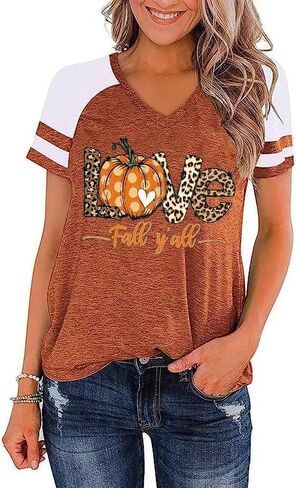 Earlymemb Womens Halloween V Neck Shirt Funny Pumpkin Printed T Shirt Hocus Pocus Graphic Tee Fall Raglan Color Block Tops in Saudi Arabia