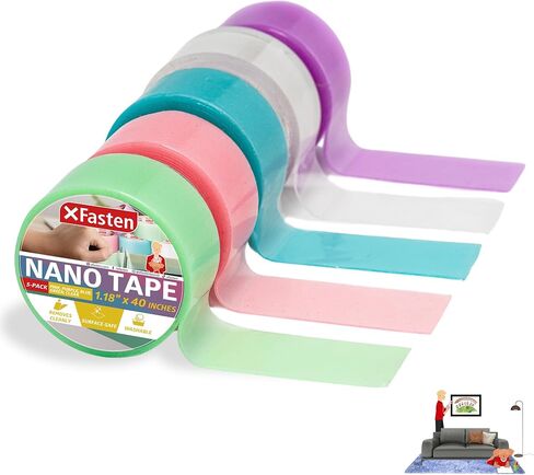 شريط XFasten نانو متعدد الألوان 5 عبوات 200 بوصة شريط قوي مزدوج الجوانب شديد التحمل مزدوج الجوانب شريط تثبيت شريط نانو مجموعة فقاعات للأطفال، شريط لاصق قابل للإزالة ديكور جداري جمالي in Kuwait