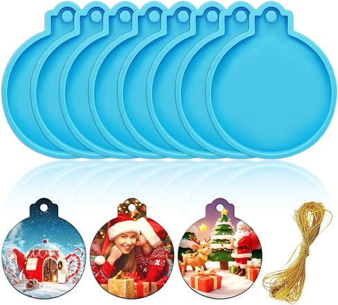 FEBSNOW 4PCS Christmas Ornaments Resin Molds Round Silicone Resin Ornaments Molds with Strings Epoxy Pendant Casting Molds Resin Molds Silicone for DIY Crafts Making Holiday Xmas Home Decor, Blue in Kuwait