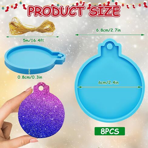 FEBSNOW 4PCS Christmas Ornaments Resin Molds Round Silicone Resin Ornaments Molds with Strings Epoxy Pendant Casting Molds Resin Molds Silicone for DIY Crafts Making Holiday Xmas Home Decor, Blue in Kuwait